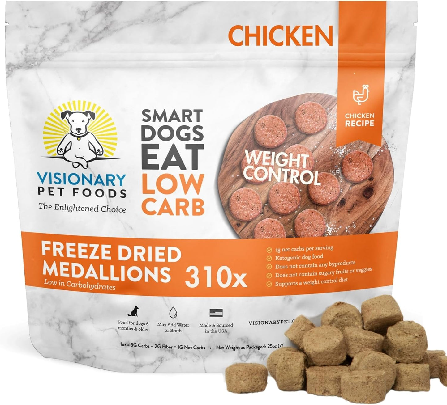 Visionary Pet Foods Chicken Freeze Dried Dog Treats - 310x Medallions Keto and Diabetic Friendly - Additive Free, Made in USA Low Carb, High Protein - Healthy Dog Training Treats, Resealable Bag