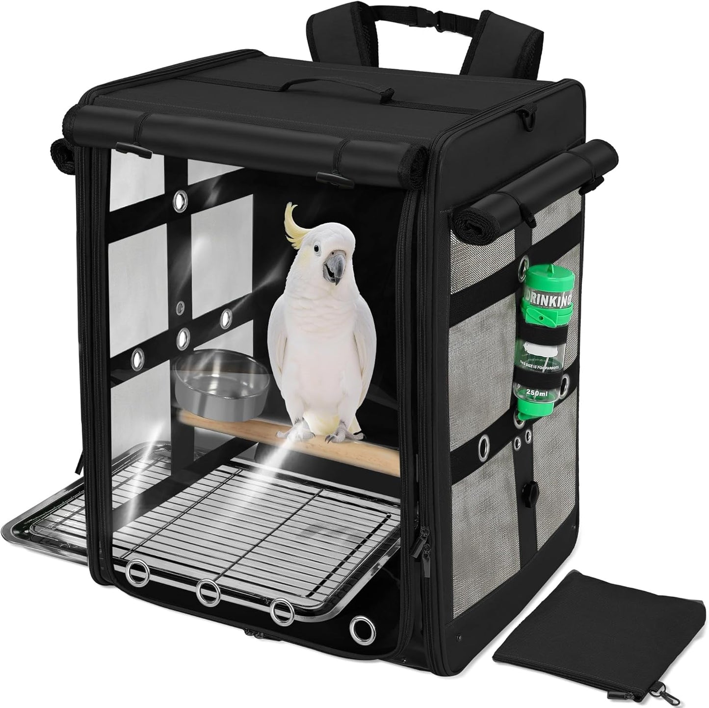 Suertree Bird Carrier Travel Cage, Cockatoo Carrier, Parrot Travel Backpack with Unbreakable Stainless Steel Mesh, Perch, Water Bottle and Food Bowl, X-Large Black