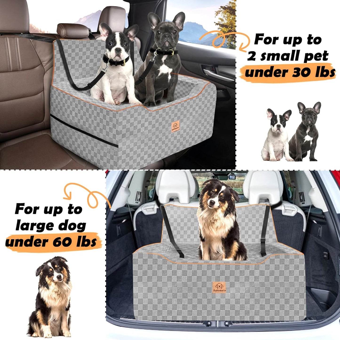 Large Dog Car Seat for Back Seat – Removable Dog Booster Seat & Washable Pet Car Seat for Medium & 2 Small Dogs up to 60lbs – Safety Straps & Storage Pocket – Travel & Home Use (Gray)