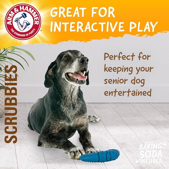 Arm & Hammer for Pets Scrubbies Boomerang Chew Toy for Senior Dogs Infused with Baking Soda - Durable Teething Toy with Unique Shape for Fetch & Chew - Interactive Dental Chew Toy for Puppies