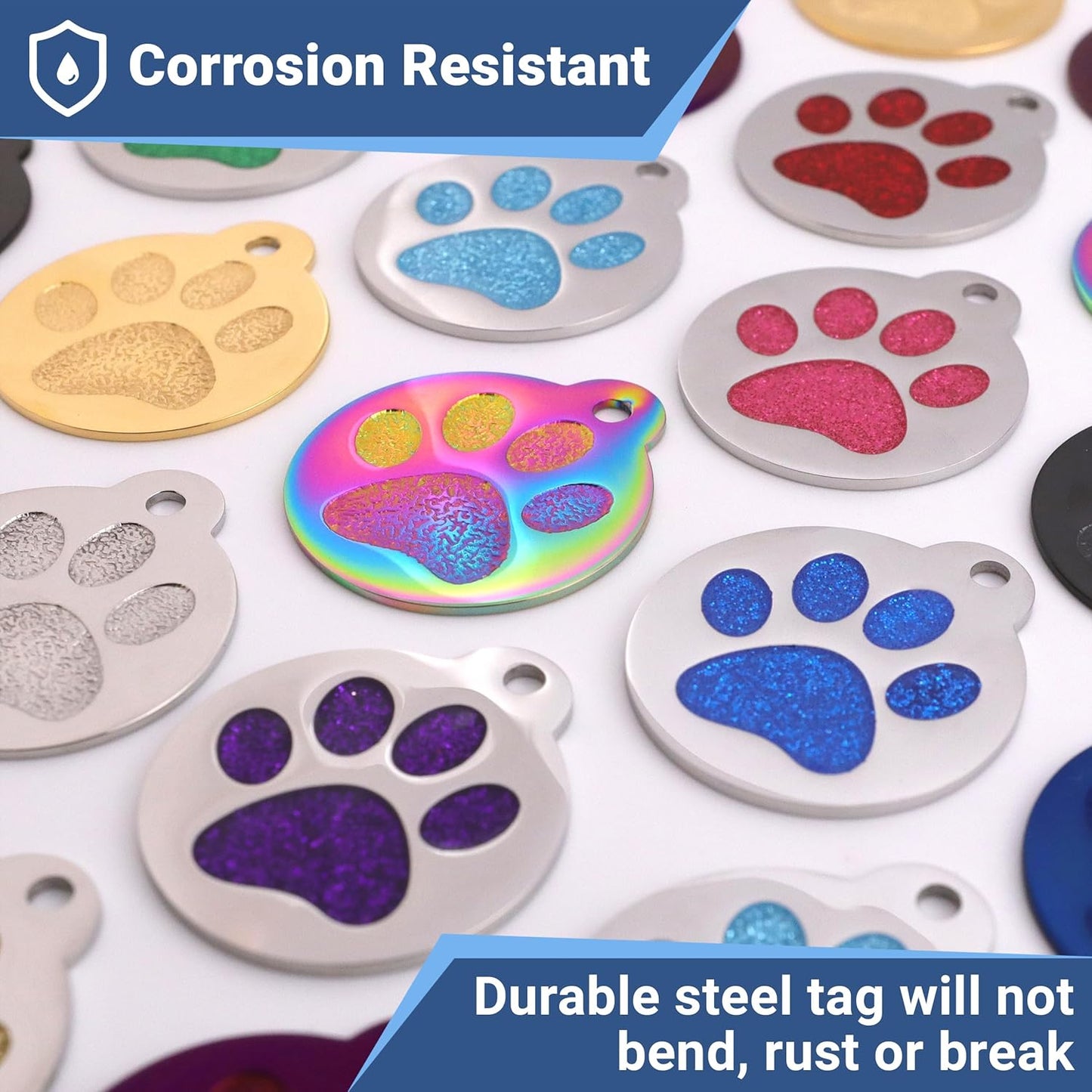 GoTags Paw Print Round Stainless Steel Pet Tag for Dogs and Cats, Personalized with 4 Lines of Custom Engraved ID Name and Number, in Stainless Steel and 15 Colors Small and Large, Glitter Pink