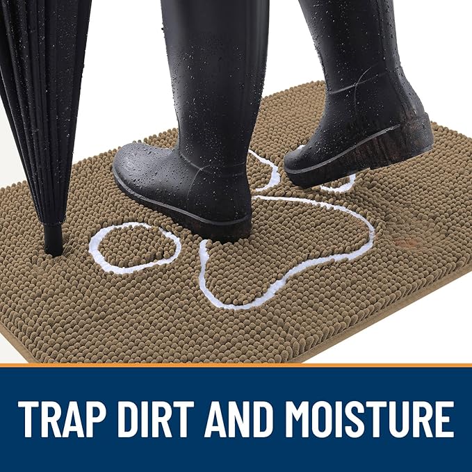 OLANLY Door Mat for Muddy Dog Paws 47x24, Ultra Absorbent Chenille Mud Doormat with Paw Print Design, Non-Slip Washable Doormat for Indoor Entryway, Quick-Dry Pet Bed Mats for Dirty Dogs, Tan