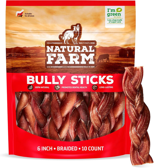 Natural Farm Odor-Free Braided Bully Sticks (6 Inch, 10 Pack) - 100% Grass-Fed Beef, Grain-Free, Low Fat & Fully Digestible Dental Treats - Safest Long Lasting Pizzle Chews to Keep Your Dog Busy