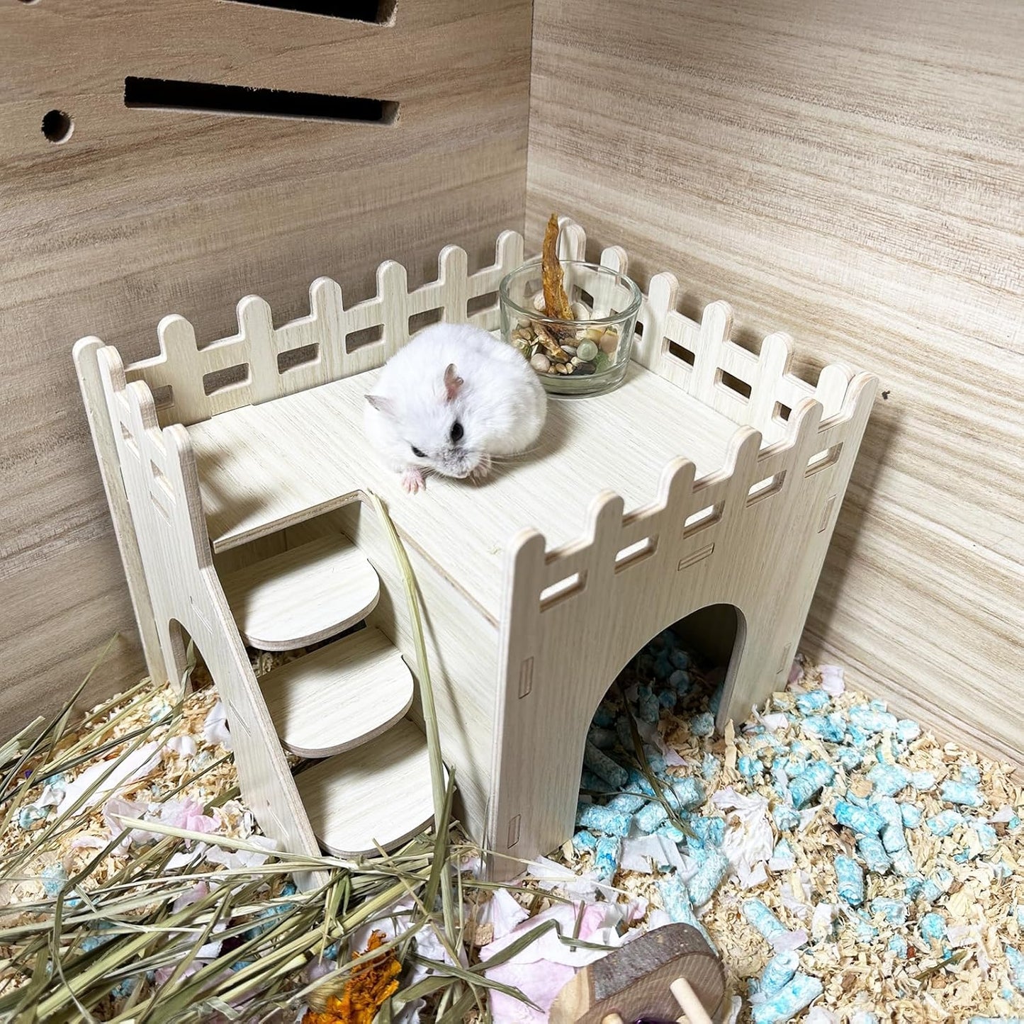 Hamster Wooden House Hamster Hideout Hut Maze Cage Accessories with Ladder and Platform for Syrian Hamsters Dwarf Gerbil Mouse