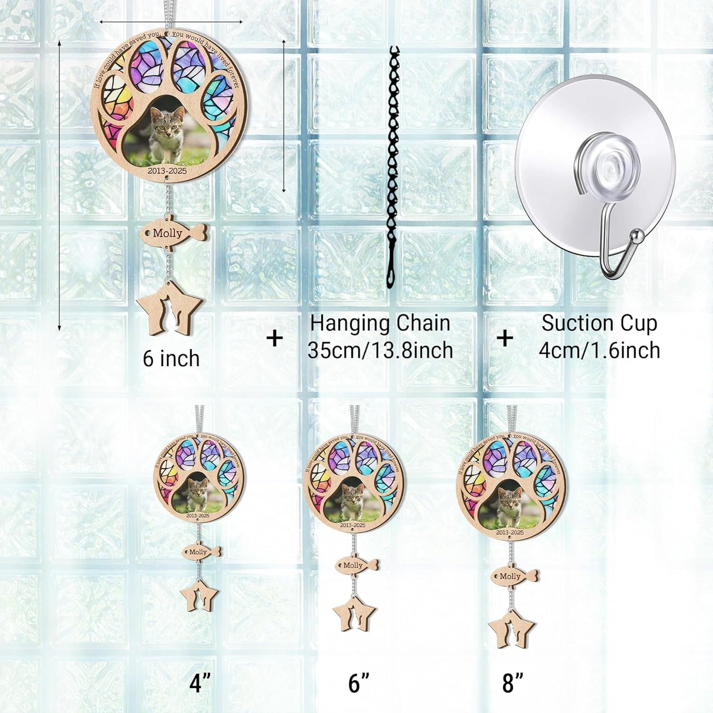 Customized Pet Loss Sympathy Gift for Cats | Custom Pet Memorial Suncatcher with Charms | Custom Cat Loss Sympathy Gift | Round Paw Stained Glass Suncatcher for Your Beloved Cat Passed Away