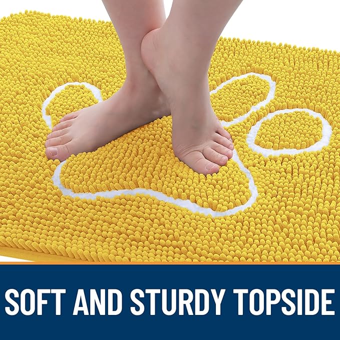 OLANLY Door Mat for Muddy Dog Paws 48x30, Ultra Absorbent Chenille Mud Doormat with Paw Print Design, Non-Slip Washable Doormat for Indoor Entryway, Quick-Dry Pet Bed Mats for Dirty Dogs, Yellow