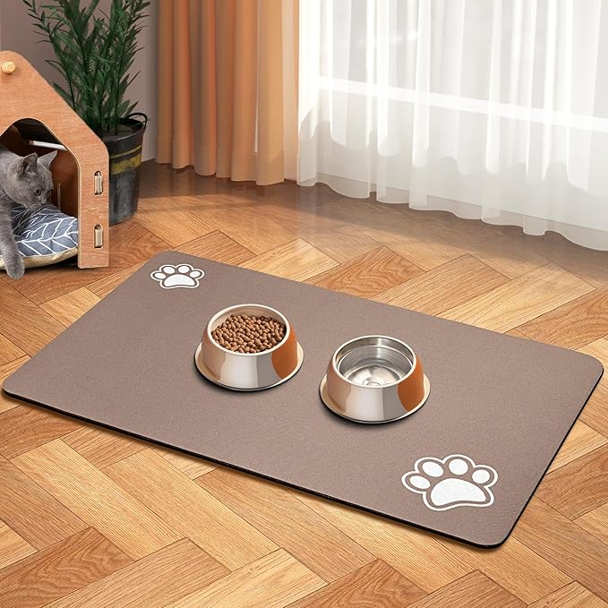Pet Feeding Mat - Absorbent for Food and Water Bowl - Dog Accessories - Water Bowl for Messy Drinkers - No Stains Quick Dry Dispenser Mat (16"x24", Brown)