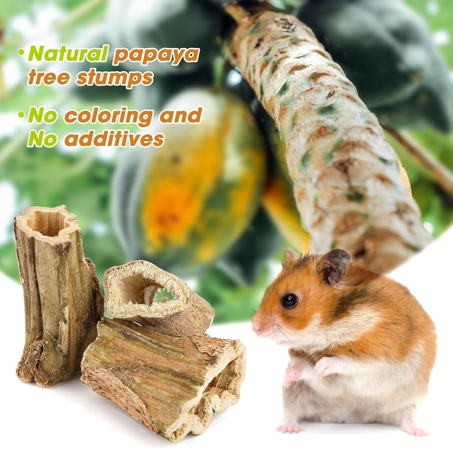 Abizoo Natural Bunny Chew Toys,6 Pcs Organic Papaya Wood Sticks Chew Toys for Rabbit,Hamster,Guinea Pig,Chinchilla,Gerbil,Rat Healthy Chews Teeth Grinding Treats, Squirrel Molar Snack