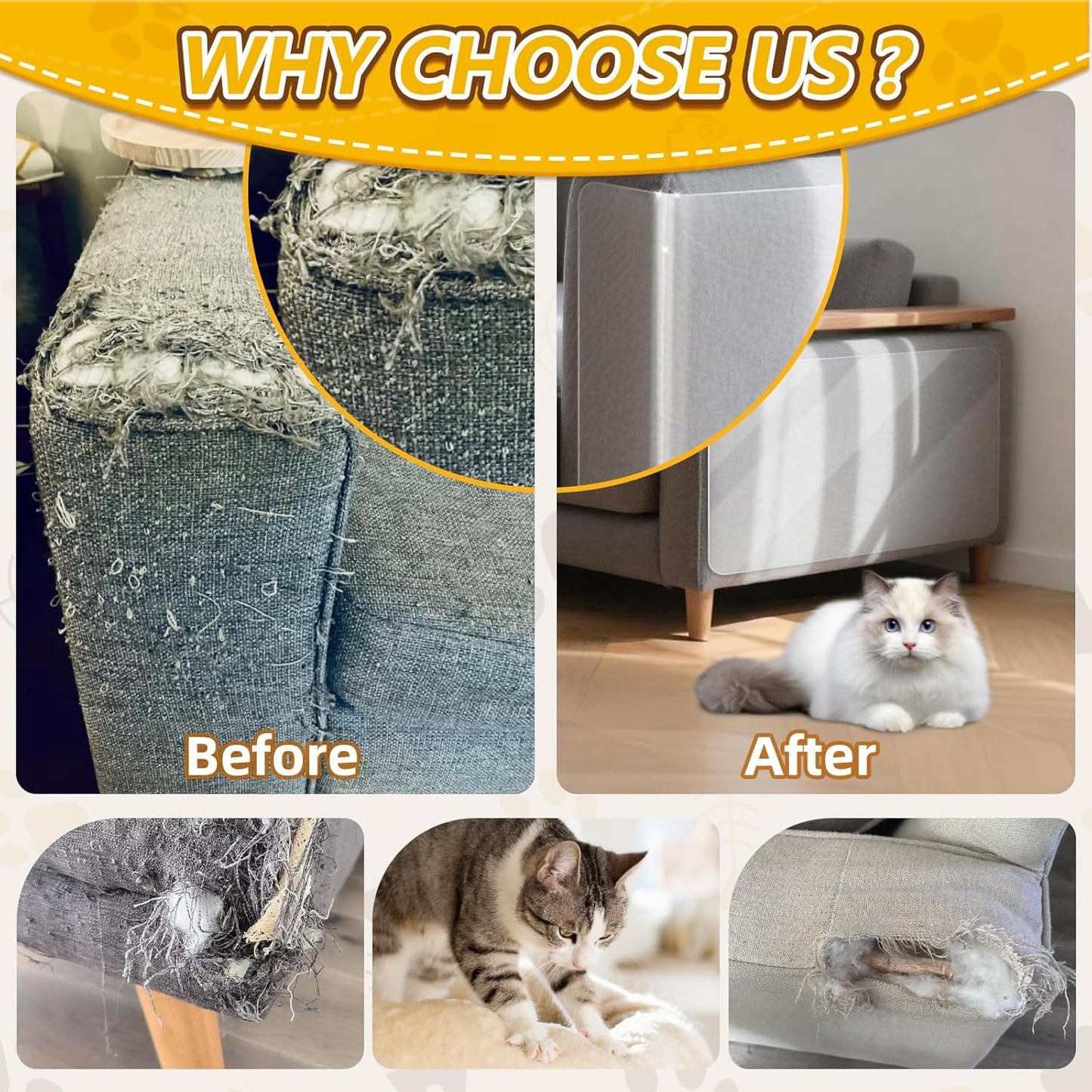 Anti Cat Scratch Furniture Protector, 8 Pcs Self-Adhesive Couch Protector for Cat Claws, Heavy Duty Couch Cover Furniture Protectors from Cats Scratching Tape for Sofa, Corner, Door, Chair