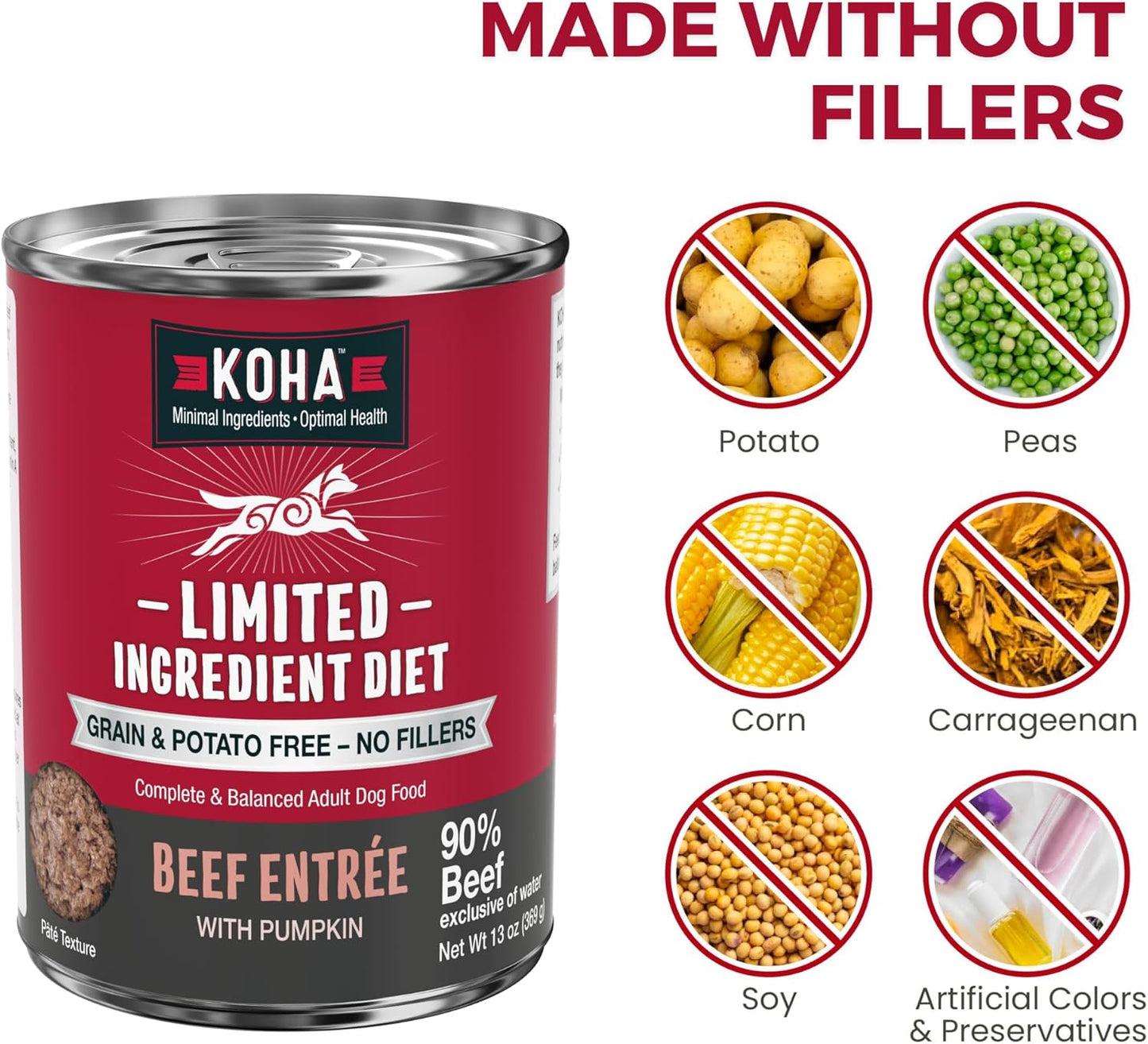 KOHA Limited Ingredient Diet Beef Entrée for Dogs - Grain Free Wet Dog Food with No Fillers - Sensitive Stomach Beef Dog Food 13 oz Pack of 12