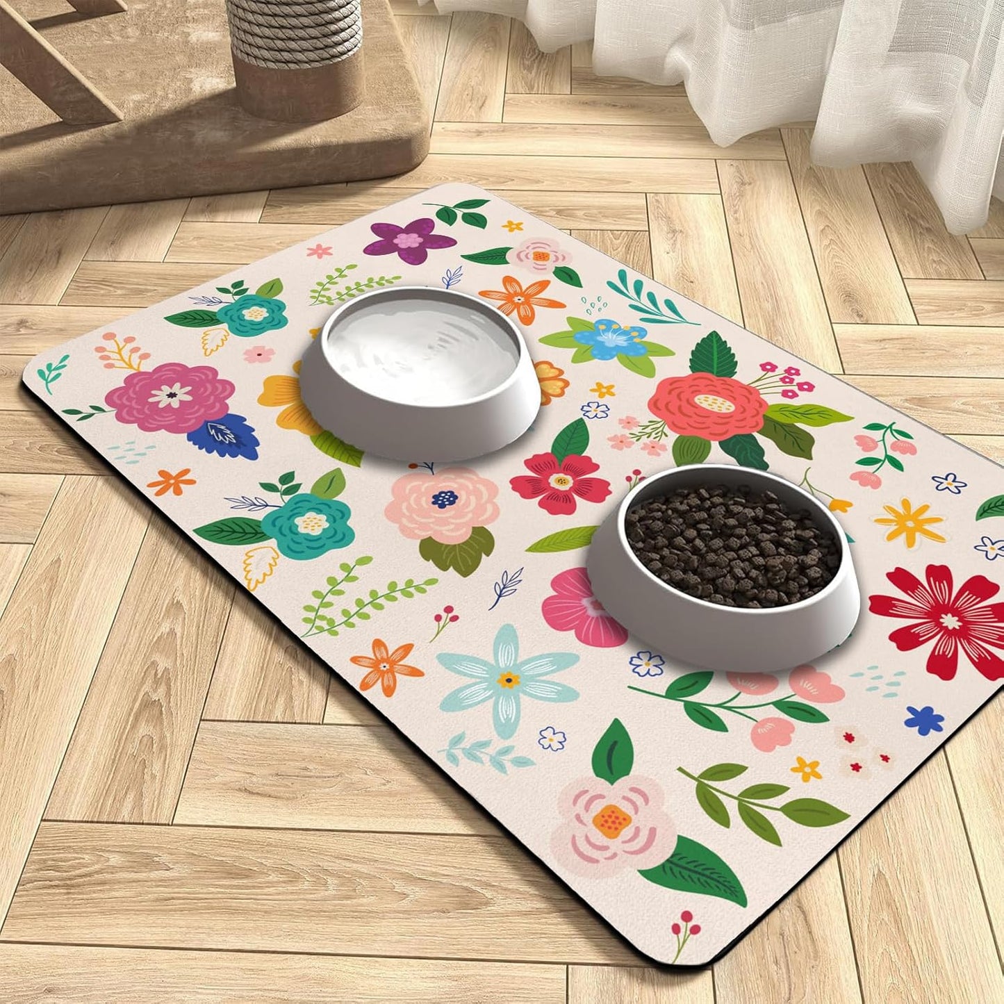 Pet Dog Food Mat Large - Absorbent Non-Slip Placemat for Dog Bowl,Cat Feding Mats for Floors,Dishmat for Food and Water,12"x20"(Colorful Flower)
