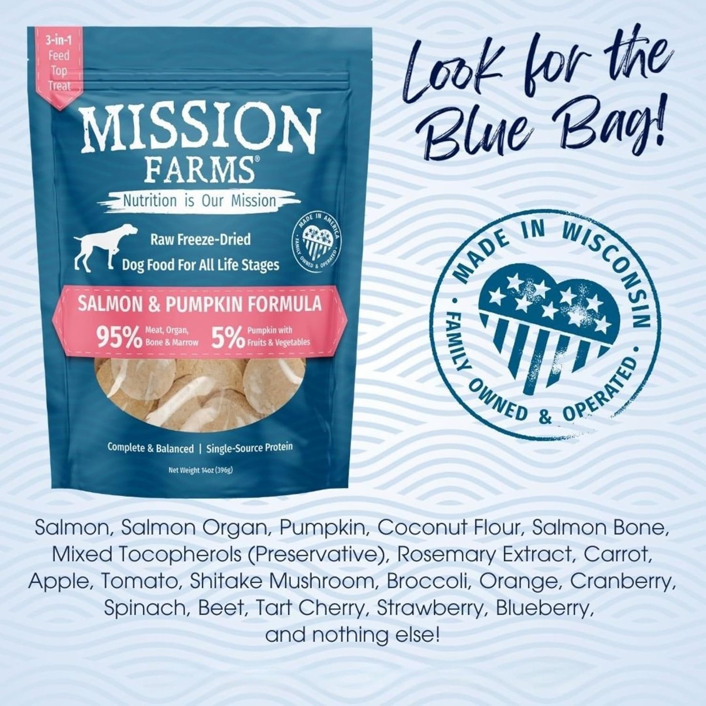 Mission Farms Wild Caught Salmon & Pumpkin Freeze-Dried Raw Dog Food Formula Complete & Balanced Meal for All Ages, 14 oz