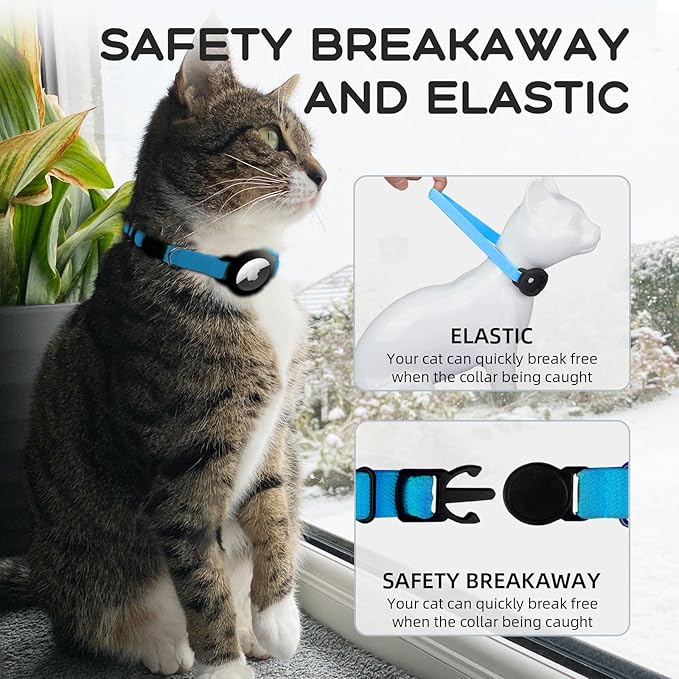 AirTag Cat Collars, Stretchy Collar with Apple AirTag Holder and Bell, Breakaway Ultra Design Elastic GPS Tracking Collars for Cats and Puppies, (7.5-12.5 Inch), Sapphire Blue