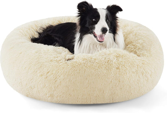 Bedsure Calming Dog Bed for Large Dogs - Donut Washable Large Pet Bed, Anti-Slip Round Fluffy Plush Faux Fur Dog Bed, Fits up to 80 lbs Pets, Ivory Beige, 36 inches