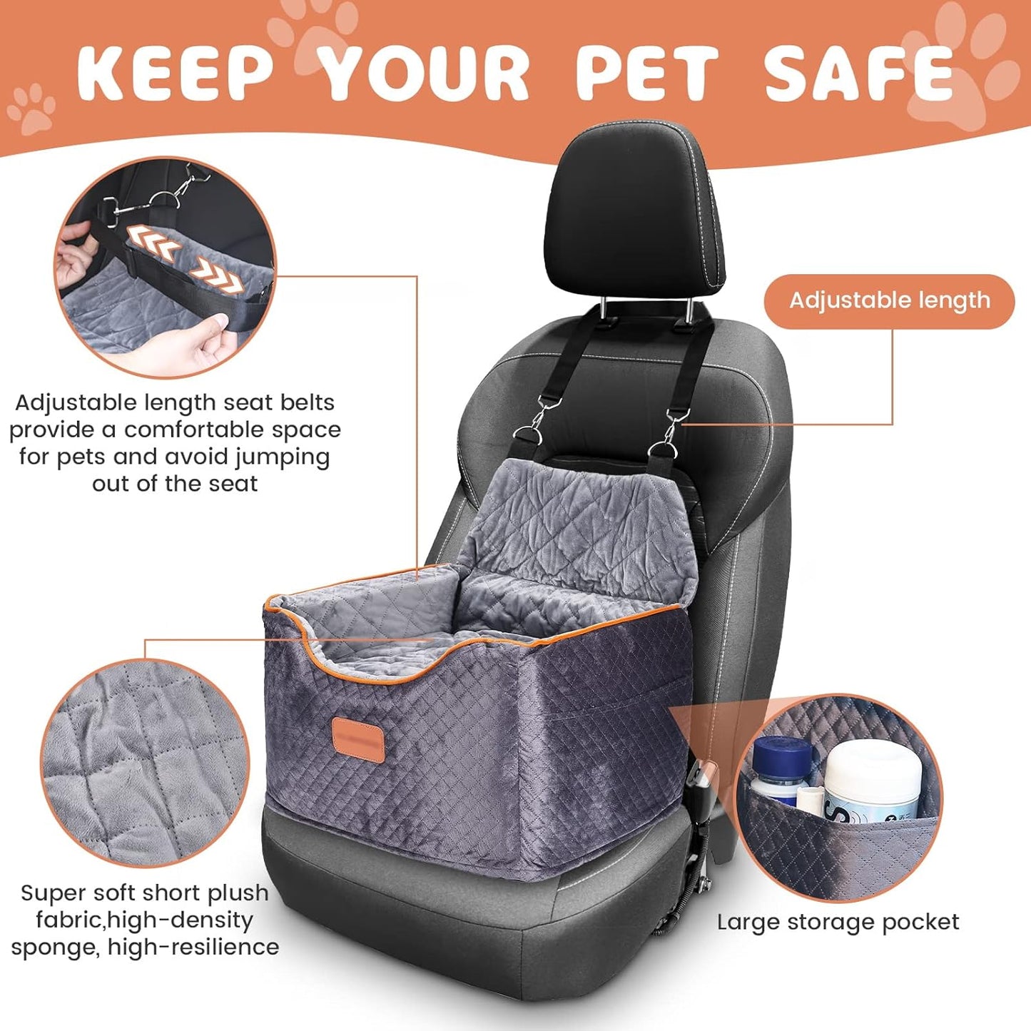 Memory Foam Booster Dog Car Seat with Washable Removable Cover, Elevated Pet Car Seat, Anti-Slip Sturdy Booster Seats for Small Dogs 35lbs, Seat Belt, Storage Pocket, Dog Blankets