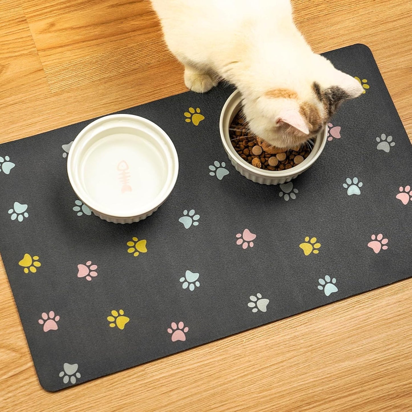Cat Food Mat Absorbent Dog Mat for Food and Water Non Slip Quick Dry Dog Bowl Mats for Floors 19" X 12" Paw Dark Gray