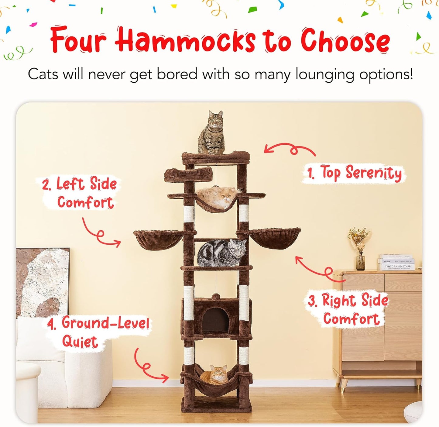 77-Inch Brown Cat Tree for Indoor Cats, Multi-Level Large Cat Tower with 4 Hammocks, 2 Padded Perches, Cat Condo, Sisal Scratching Posts and Hanging Toys for Adult Cat