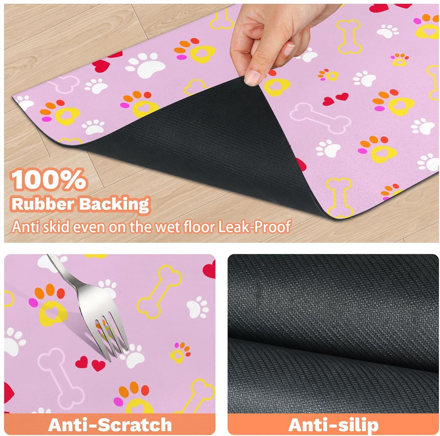 Pet Dogs Cats Food Mat, Pink Bone Dog Claw Pet Feeding Pad, 12 * 20 Inch Absorbent Dog Food Mat, Cat Dish Mat for Food and Water, Suitable for Dog Cat or Other Pets