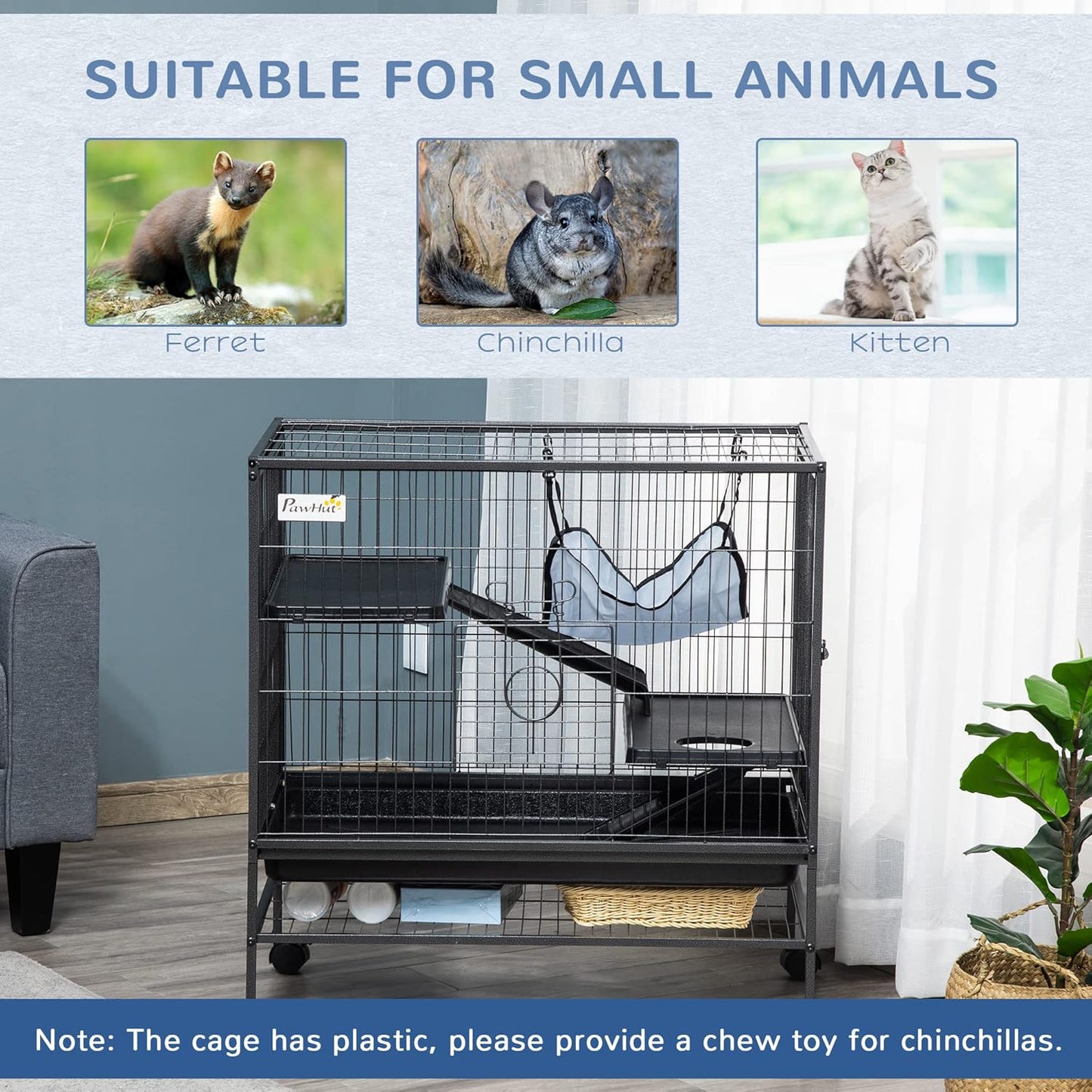 PawHut Small Animal Cage with Wheels, Pet Playpen for Rat, Syrian Hamster, Kitten, Ferrets, Chinchillas with Bottom Storage Shelf, Removable Tray, Ramp, 31.5" x 20.5" x 33.1"