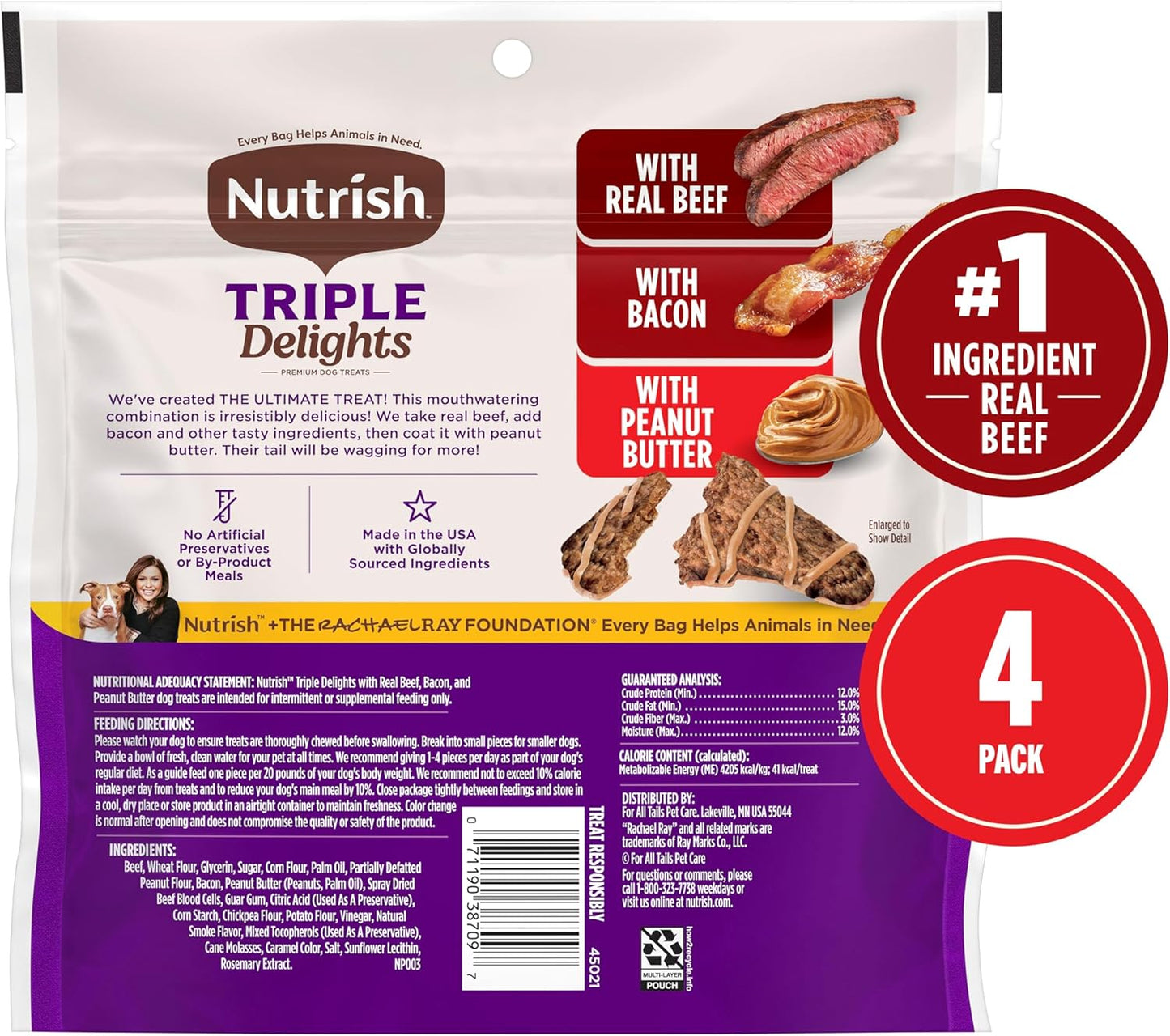 Nutrish Triple Delights Premium Dog Treats with Real Beef, Bacon, and Peanut Butter, 11 oz. Pouch, Pack of 4