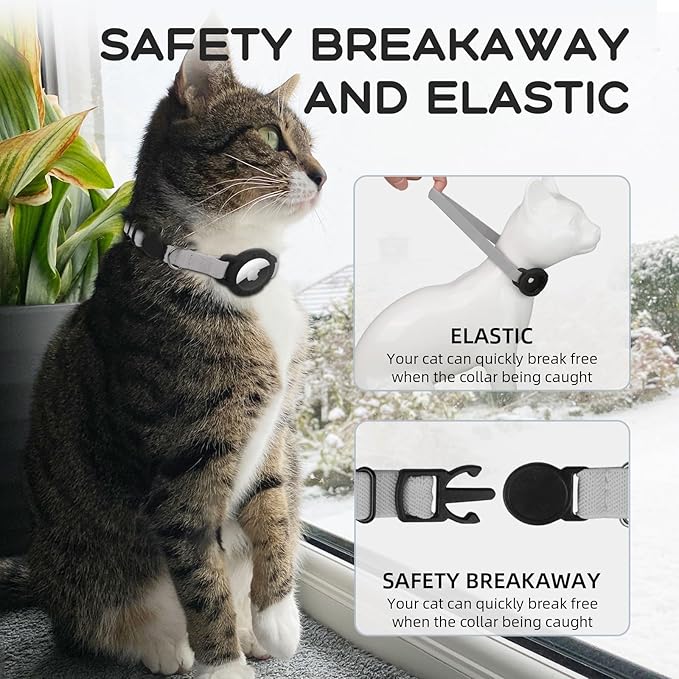 AirTag Cat Collars, Stretchy Collar with Apple AirTag Holder and Bell, Breakaway Ultra Design Elastic GPS Tracking Collars for Cats and Puppies, (7.5-12.5 Inch), Gray
