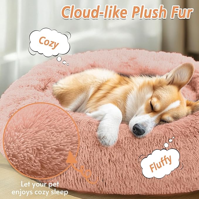 JOLLYVOGUE Calming Dog & Cat Bed for Small Dogs, Anti-Anxiety Donut Cuddler Cozy Soft Round Bed with Anti-Slip Bottom, Fluffy Faux Fur Plush Cushion Beds for Small Medium Dogs (27")