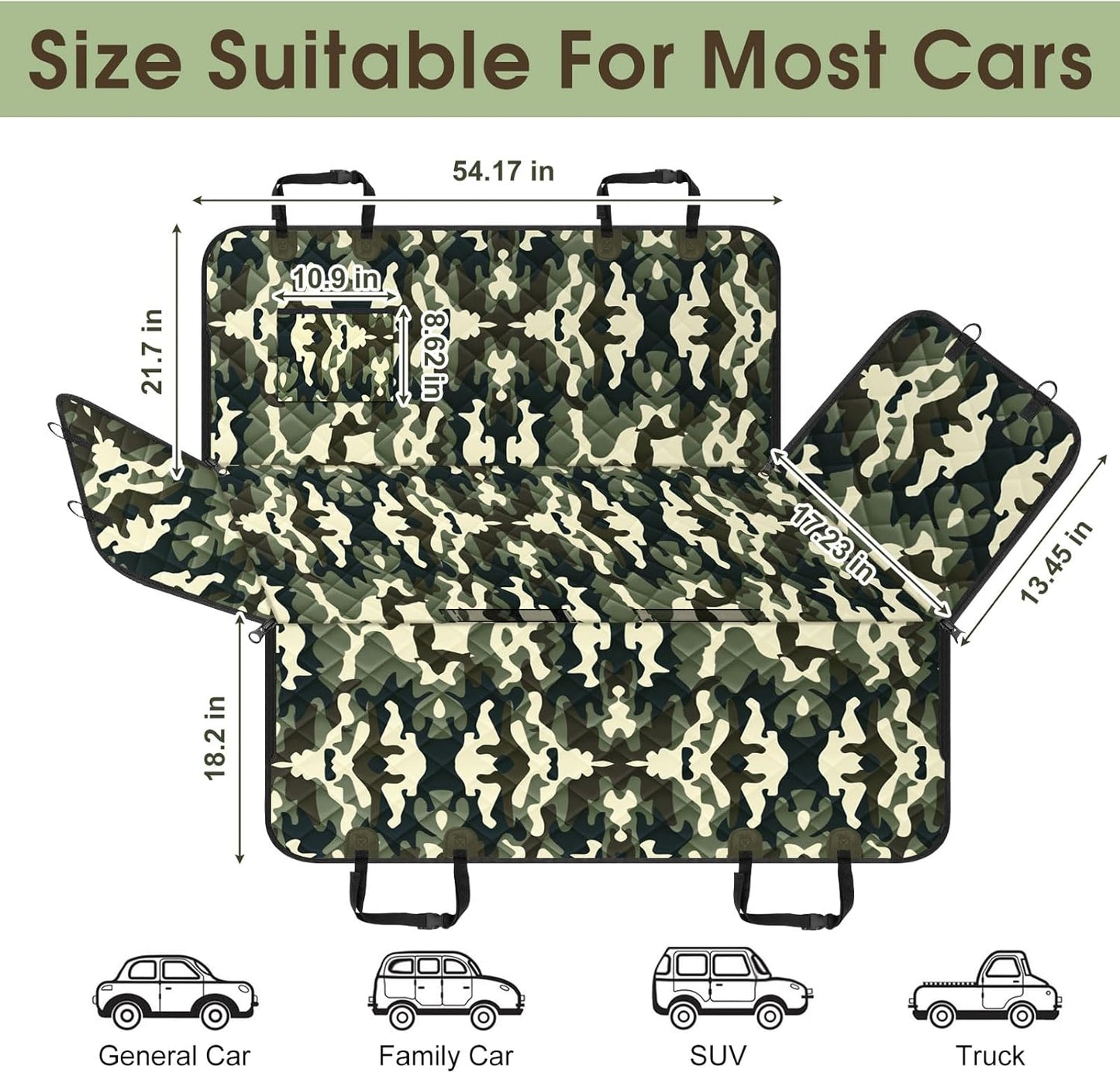 Waterproof Dog Car Seat Cover for Back Seat - Durable, Scratch Proof Pet Hammock with Nonslip Design & Storage Pockets, Fits Cars, SUVs, Trucks- S, Camouflage