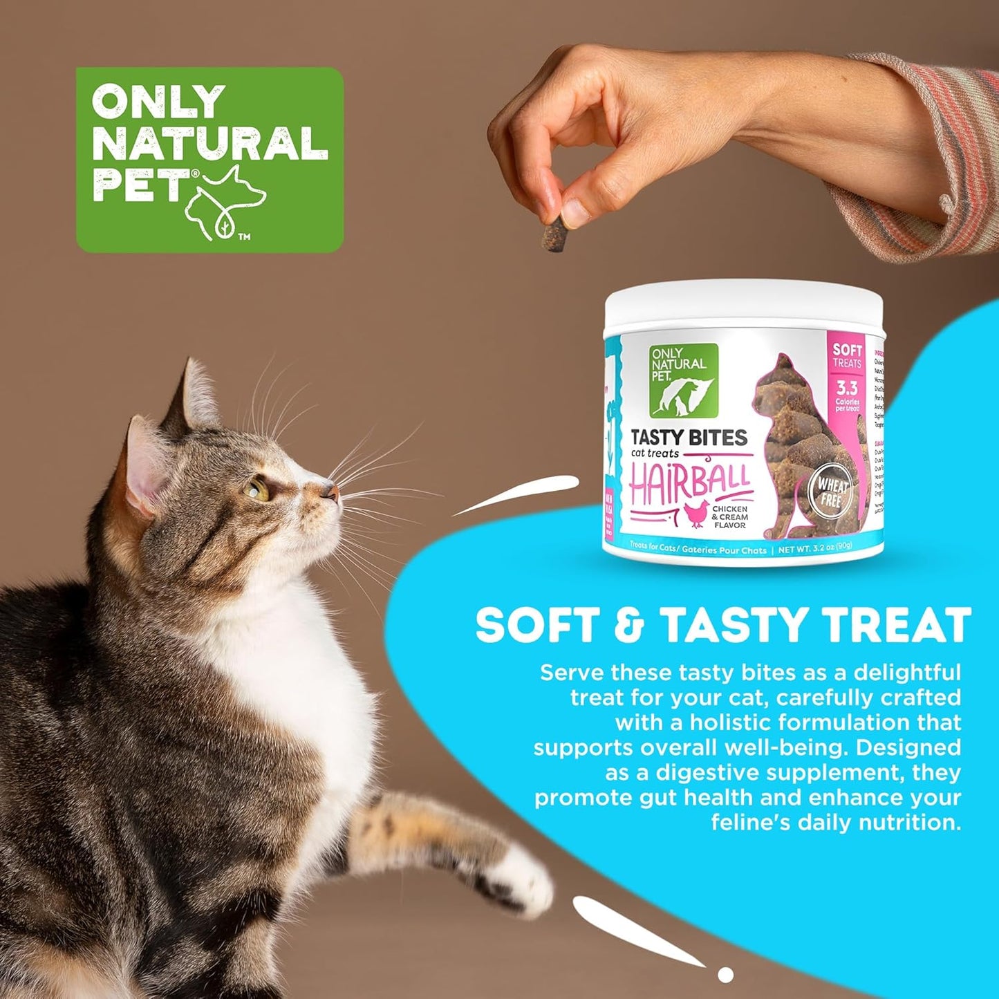 Only Natural Pet Hairball Care - Healthy Skin and Coat Support - Soft Chews for Cats – Digestive Supplement with Flaxseed, Psyllium Husk and Corn Silk – Chicken and Liver Flavor – 60 Count