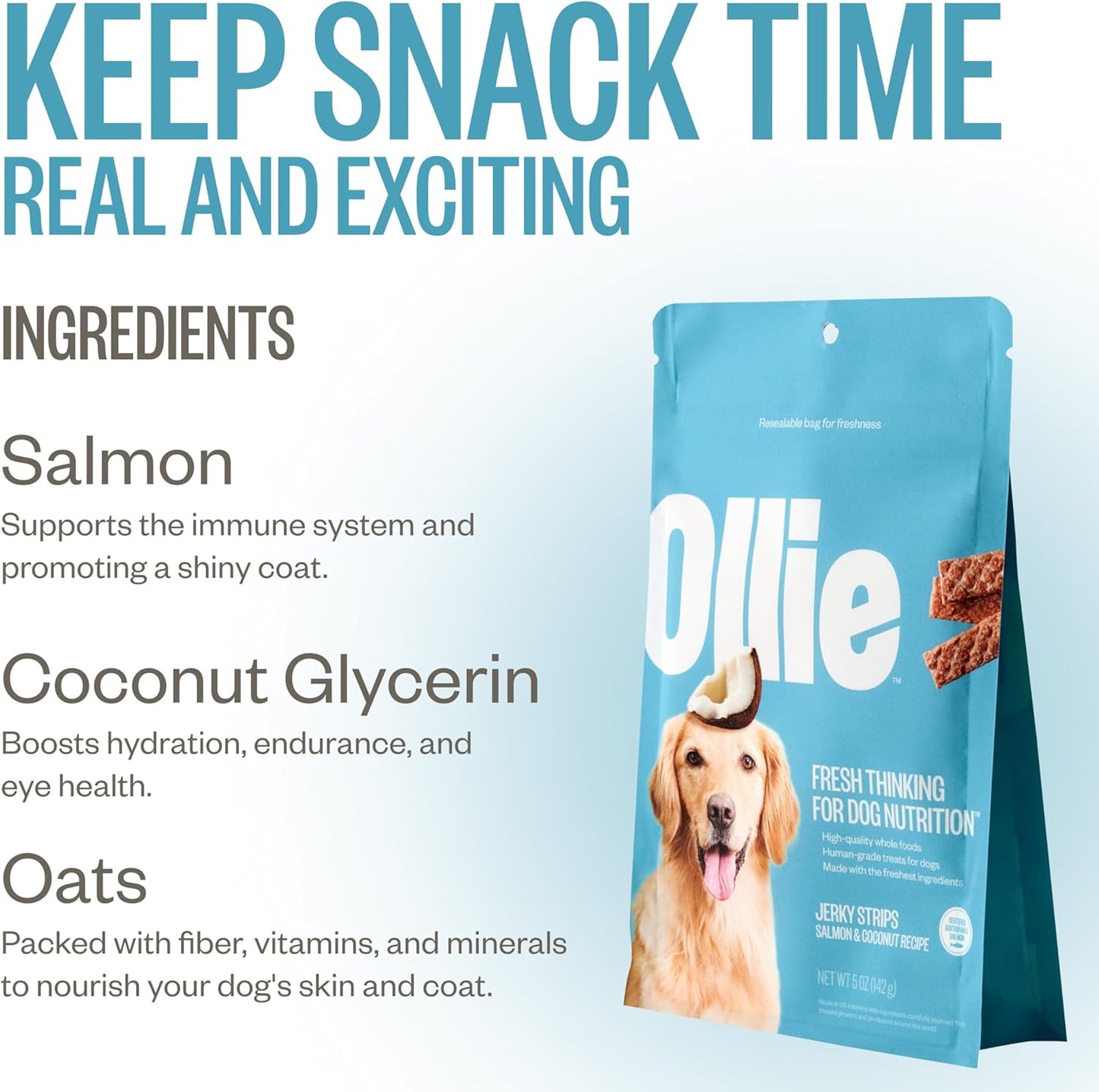 Ollie Salmon and Coconut Jerky Dog Treats, All Natural, Healthy Snacks, Made with Real Meat 5 Oz. Human Grade, Pack of 1, for Dogs