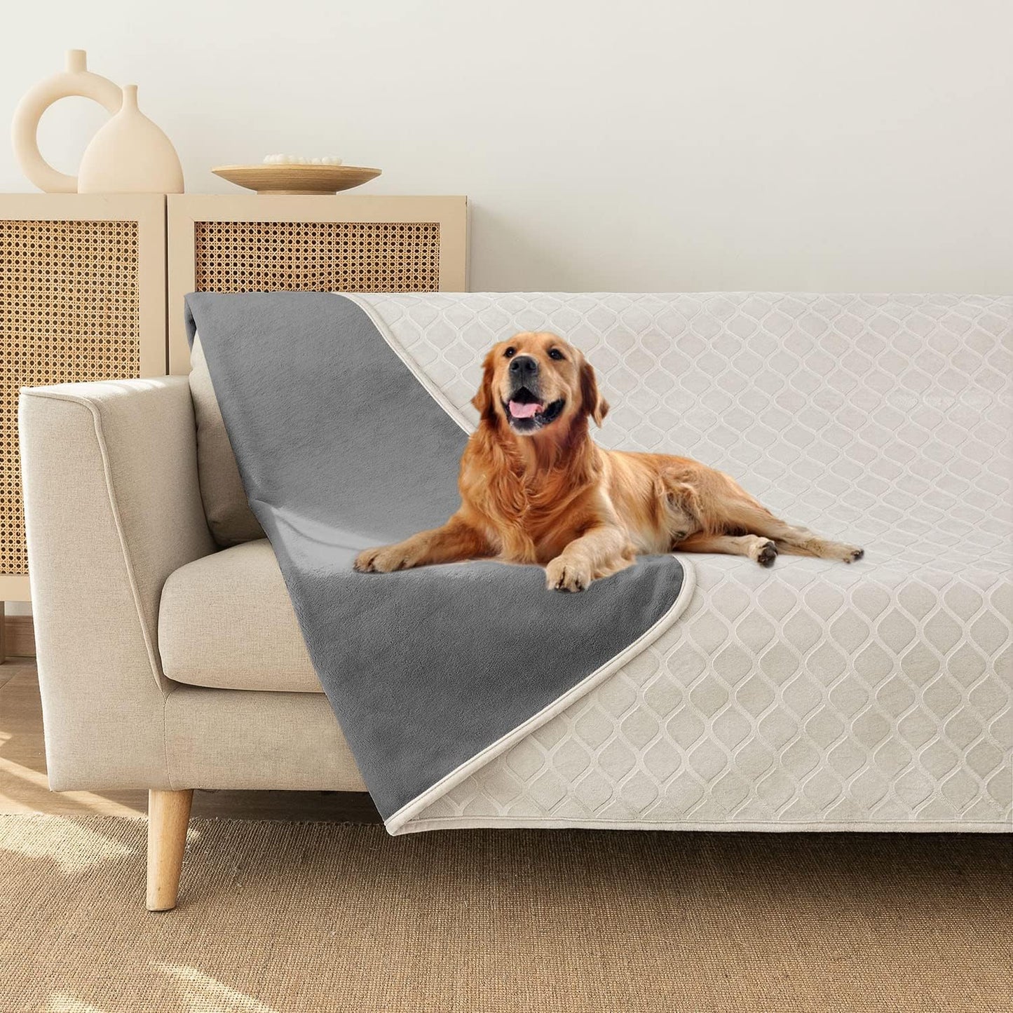 fuguitex Waterproof Dog Blanket Bed Cover Dog Crystal Velvet Moroccan Fuzzy Cozy Plush Pet Blanket Throw Blanket for Couch Sofa(82 * 102 inch, Cream+Grey)