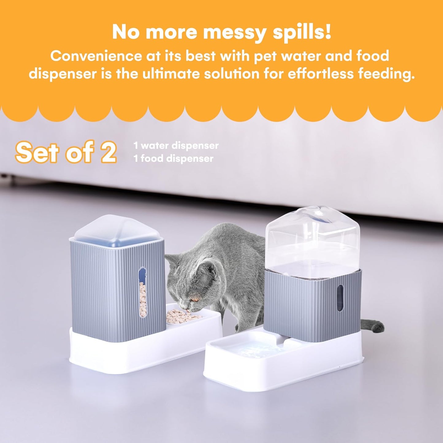 Noa Store Automatic Pet Water and Food Dispensers - Easy to Clean Feeding Bowls for Dogs and Cats - Convenient and Time-Saving Pet Station for Busy Owners - 12'H×6.3'L×11'W 3.5L Each - Grey