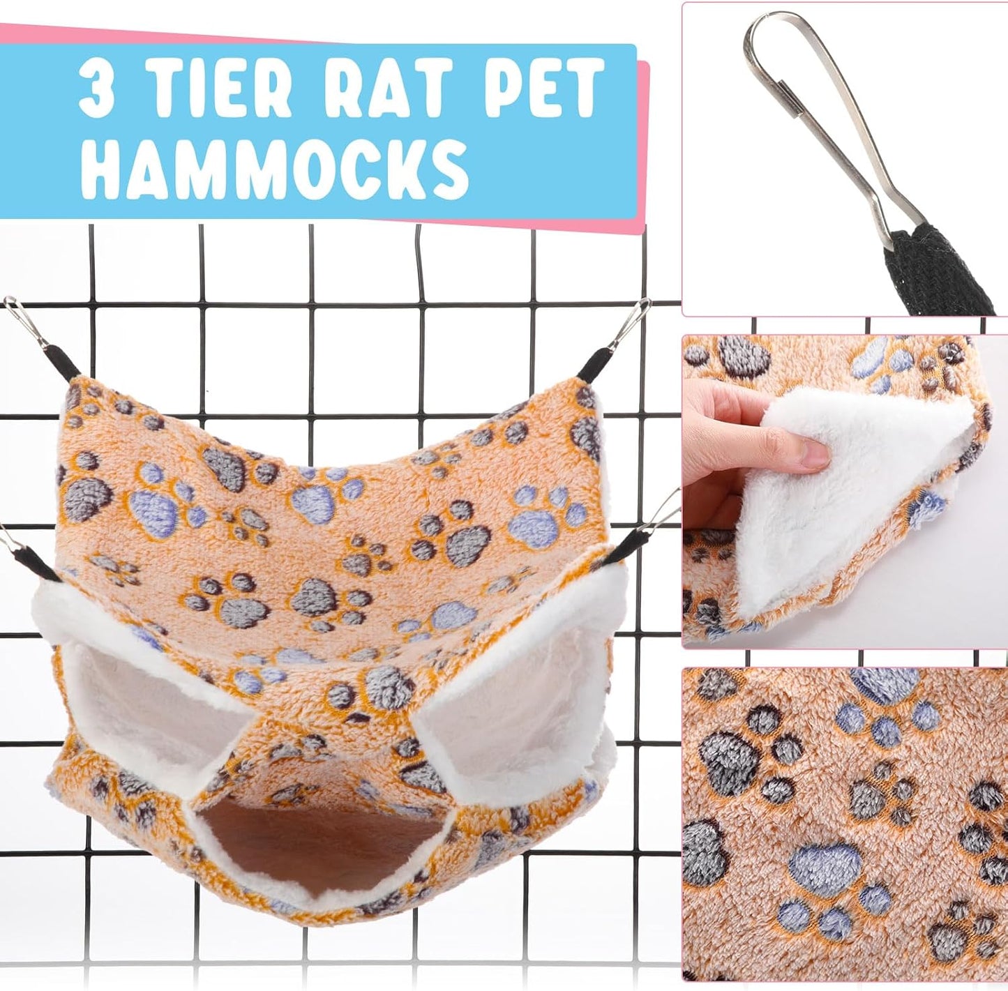 Sweetude 6 Pcs Rat Hammock Set Ferret Hanging Tunnel 3 Tier Guinea Pig Hammocks Hideout Soft Chinchilla Bed for Cage Accessories Hide,Play and Sleep(Cute,Paw)