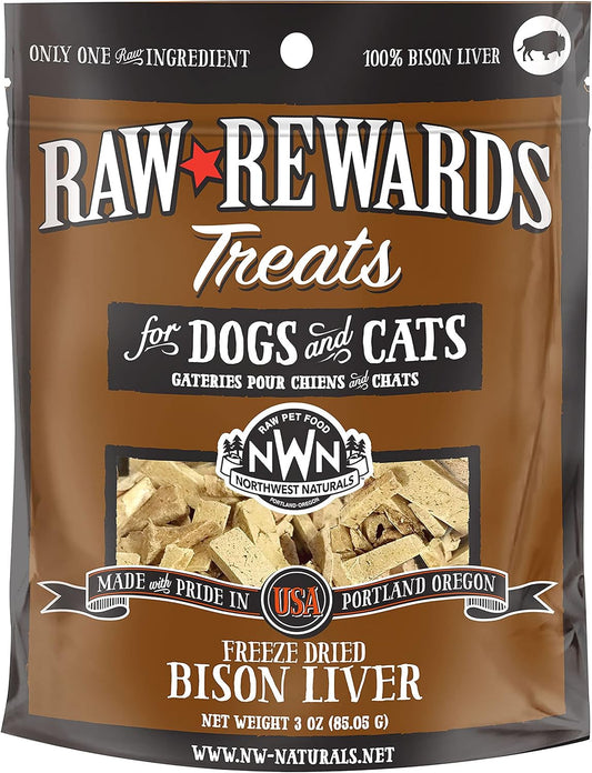 Northwest Naturals Raw Rewards Freeze-Dried Bison Liver Treats for Dogs and Cats - Bite-Sized Pieces - Healthy, 1 Ingredient, Human Grade Ingredients, All Natural, Proudly Made in USA, 3 Oz