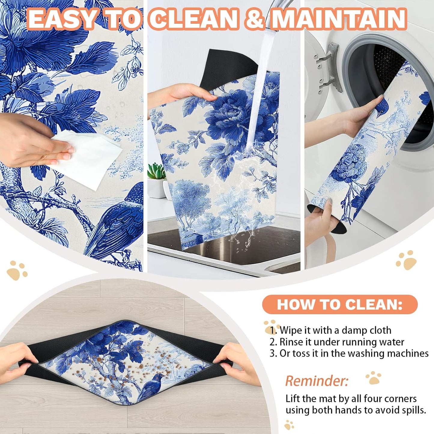 Pet Dog Cat Food Mat, Blue Floral Pet Feeding Pad, 12 * 20 Inch Absorbent Dog Food Mat, Cat Dish Mat for Food and Water, Suitable for Dog Cat or Other Pets