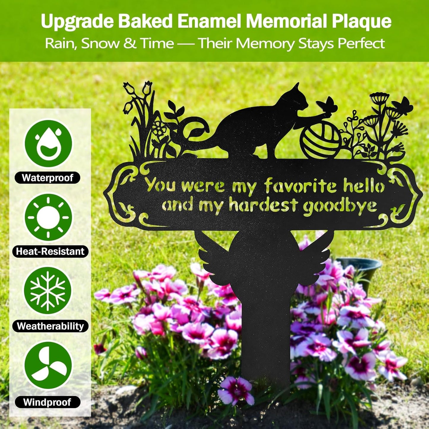 Pet Grave Markers Cat, 12"X 14" Metal Baked Enamel Cats Headstone Decorations for Cemetery, Waterproof Memorial Pets Stake Plaque for Outdoors, Lost Sympathy Tombstone Memorial Garden Sign Gift