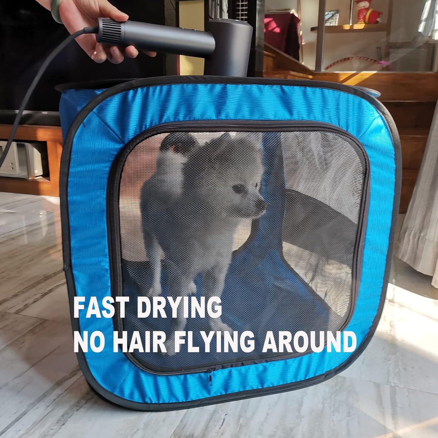 Grey Pet Dog Drying Box - Waterproof, Anti-Hair Flying, Portable Cat/Dog Cage Kennel - Foldable Cat Grooming House Dryer