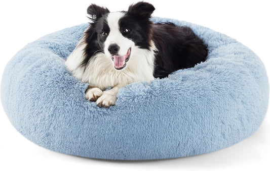 Bedsure Calming Dog Bed for Large Dogs - Donut Washable Large Pet Bed, Anti-Slip Round Fluffy Plush Faux Fur Dog Bed, Fits up to 80 lbs Pets, Light Blue, 36 inches