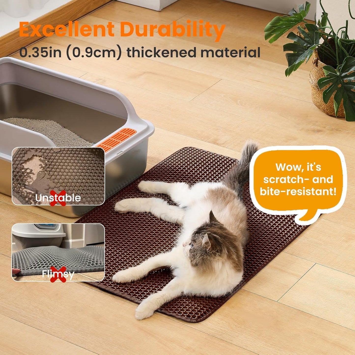 Extra Large Cat Litter Mat, 30x22 Inches Honeycomb Double Layer Cat Litter Trapping Mat, Non Slip Waterproof Urine Proof Large Kitty Litter Box Mat for Floor, Kitten Supplies, XL, Brown