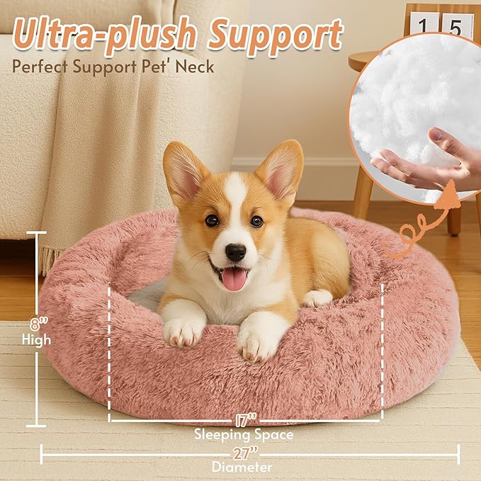 JOLLYVOGUE Calming Dog & Cat Bed for Small Dogs, Anti-Anxiety Donut Cuddler Cozy Soft Round Bed with Anti-Slip Bottom, Fluffy Faux Fur Plush Cushion Beds for Small Medium Dogs (27")