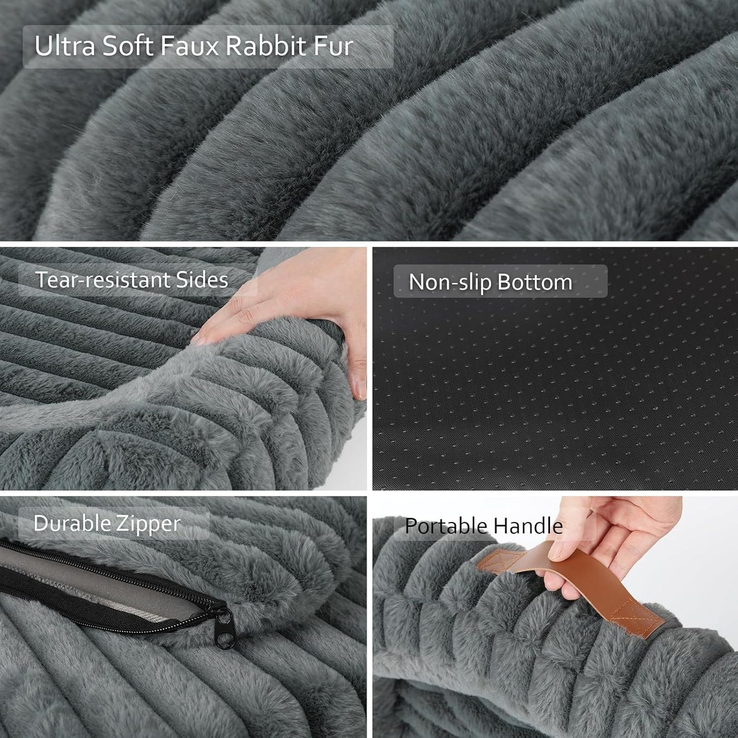 Medium Dog Bed Washable, Orthopedic Rectangle Puppy Bed with Removable Washable Furry Cover and Anti-Slip Bottom, Calming Dog & Cat Bed with Handle, Warm Grey, 30x24x4inches