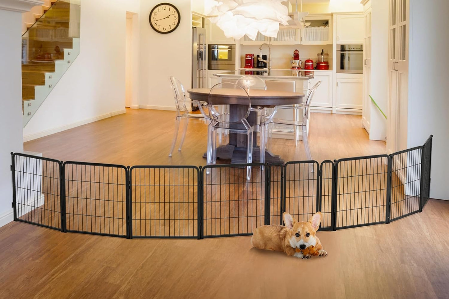 FXW Dog Gate Extra Wide Designed for Indoor Use, Adjustable Width Up to 183-inch Wide (24" H 8 Wire Panels for Puppies and Small Dogs), Black