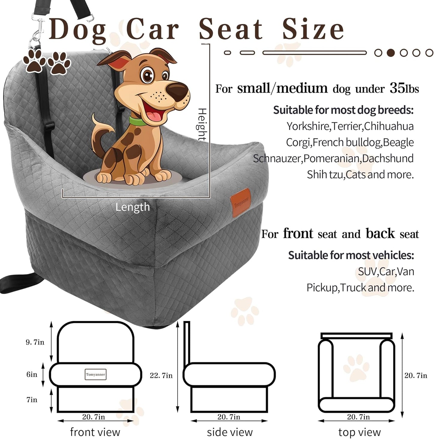 H-Grey Dog Booster Seat with 7 Inch Interior Height, Elevated Pet Seat for Small/Medium Dogs, Portable, Washable Cover, Easy to Use