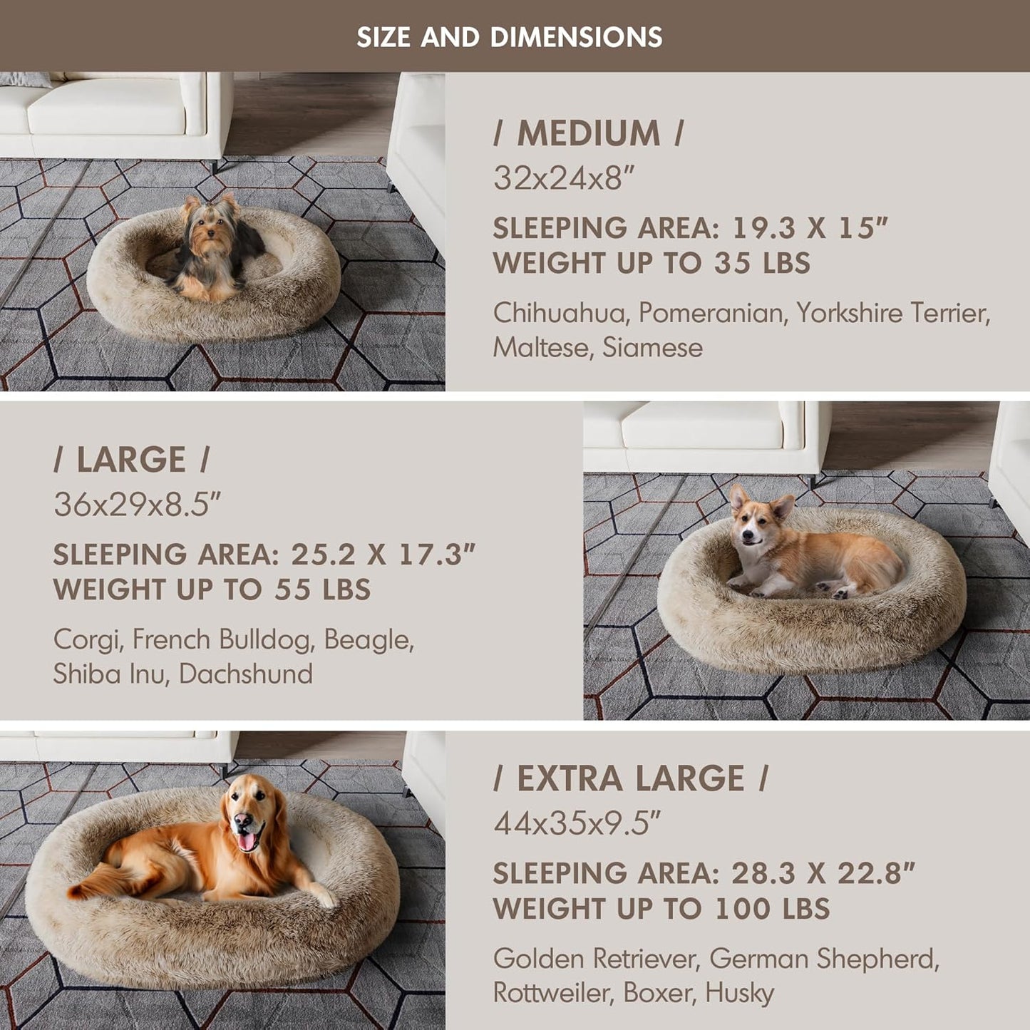 Medium Sized Orthopedic Dog Beds, Donut Calming Pet Beds with Comfort Foam Support, Fluffy Non-Slip Couch for Dog and Cat, with Washable and Indestructible Cover, 32 Inches, Beige