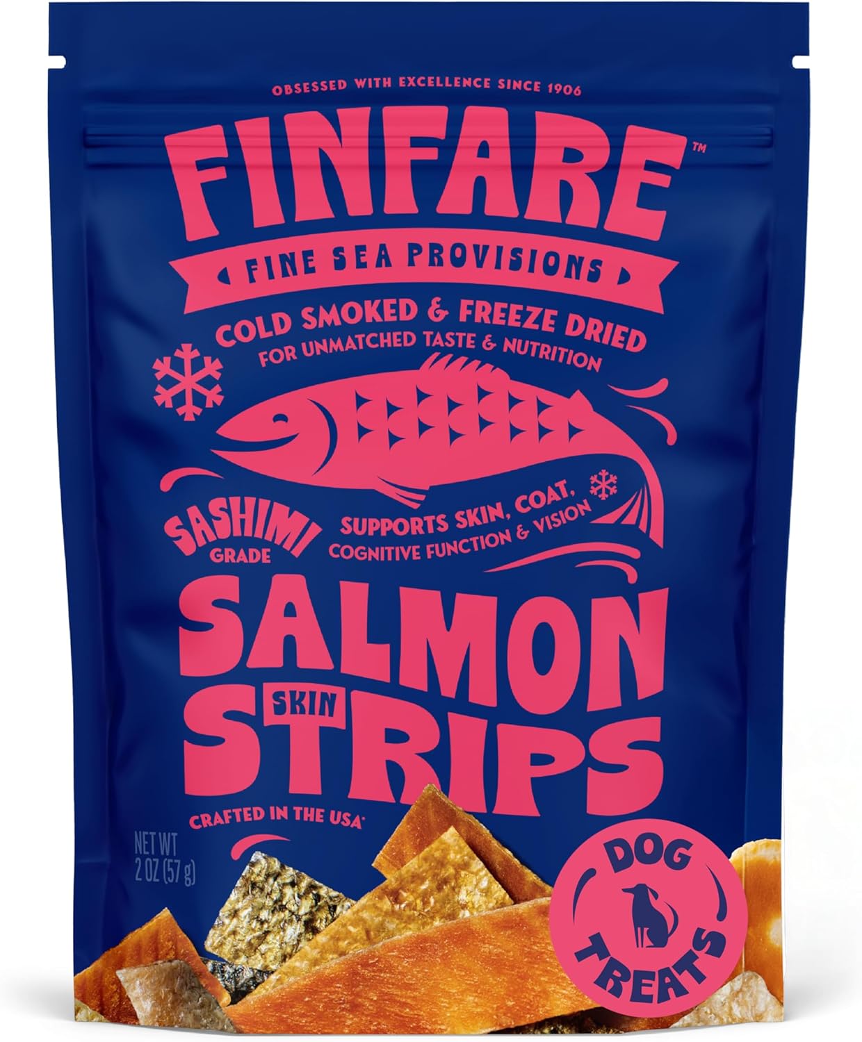 Finfare Freeze Dried Dog Treats, Salmon Skin Strips, Protein & Omega-3s, Grain Free Salmon Dog Training Treats, Crafted in USA, 2oz