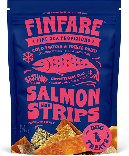 Finfare Freeze Dried Dog Treats, Salmon Skin Strips, Protein & Omega-3s, Grain Free Salmon Dog Training Treats, Crafted in USA, 2oz