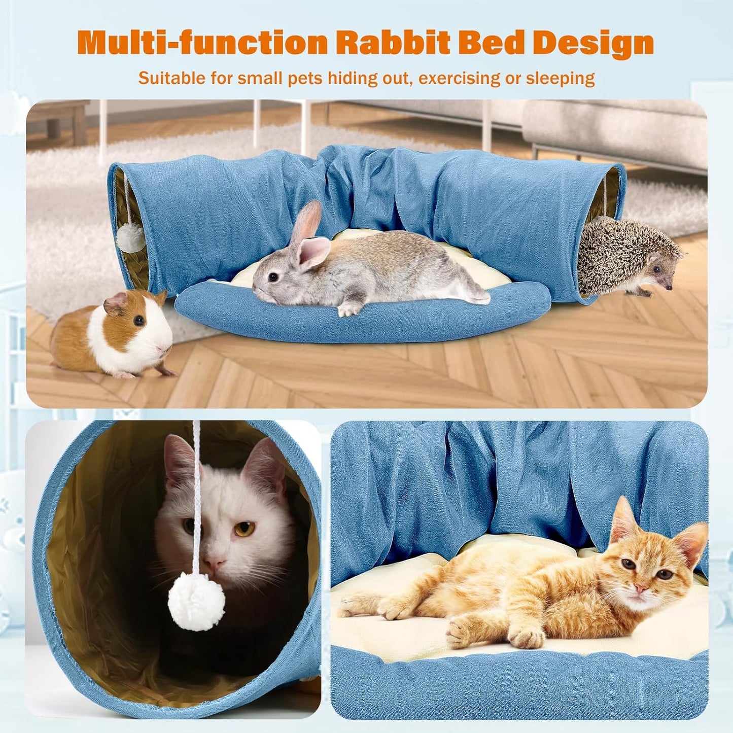 BWOGUE Bunny Tunnel Bed, 2-in-1 Collapsible Tunnel Tubes Toys with Removable Mat Hideout for Cats Kittens Rabbits Guinea Pigs Kitty