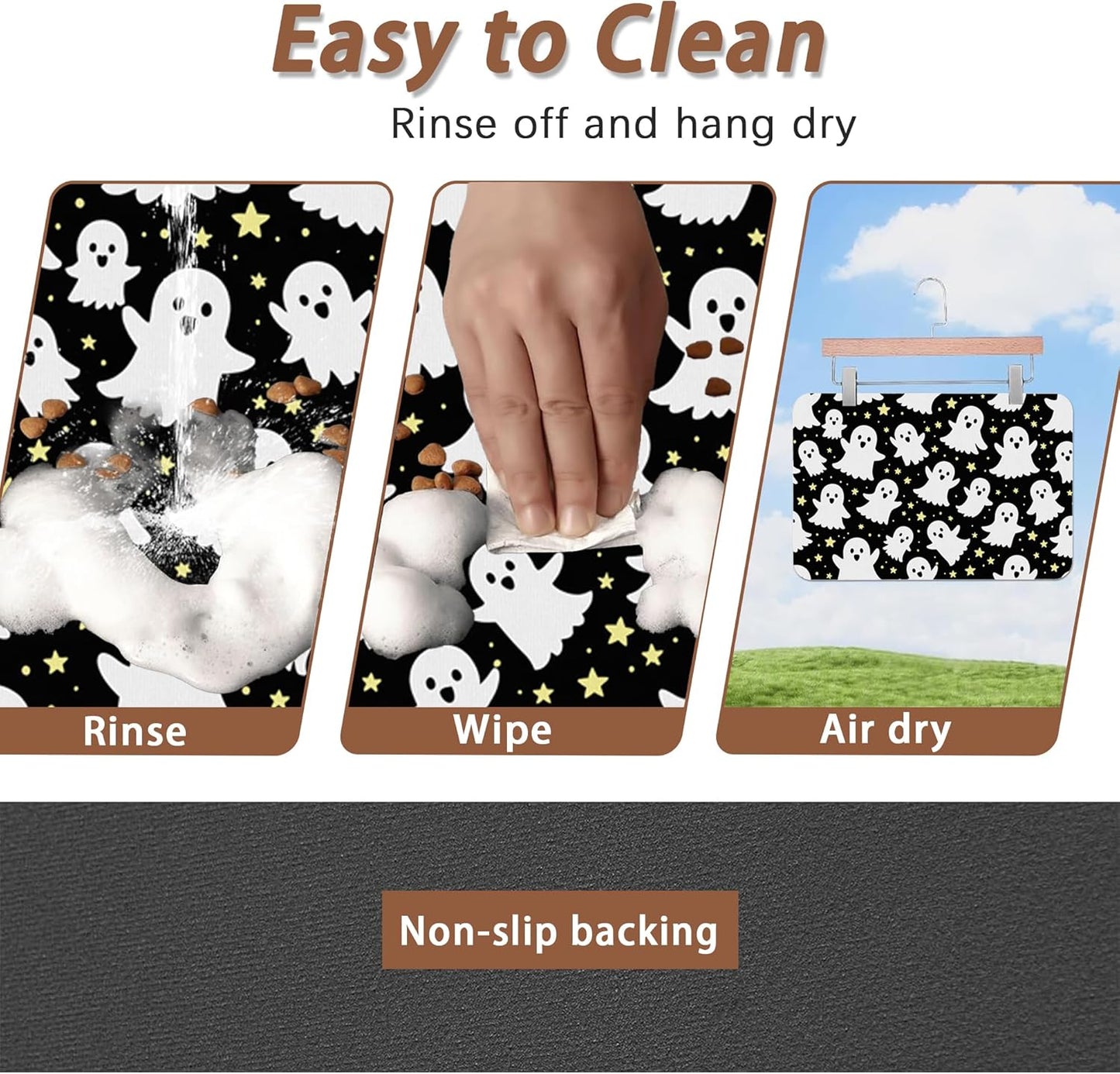 Halloween Pet Feeding Mat,Ghosts Absorbent Quick-Dry Cat Dog Food and Water Bowl Mats,Non-Slip Rubber Backing Mat,Cat Dog Accessories Supplies 16"x24"