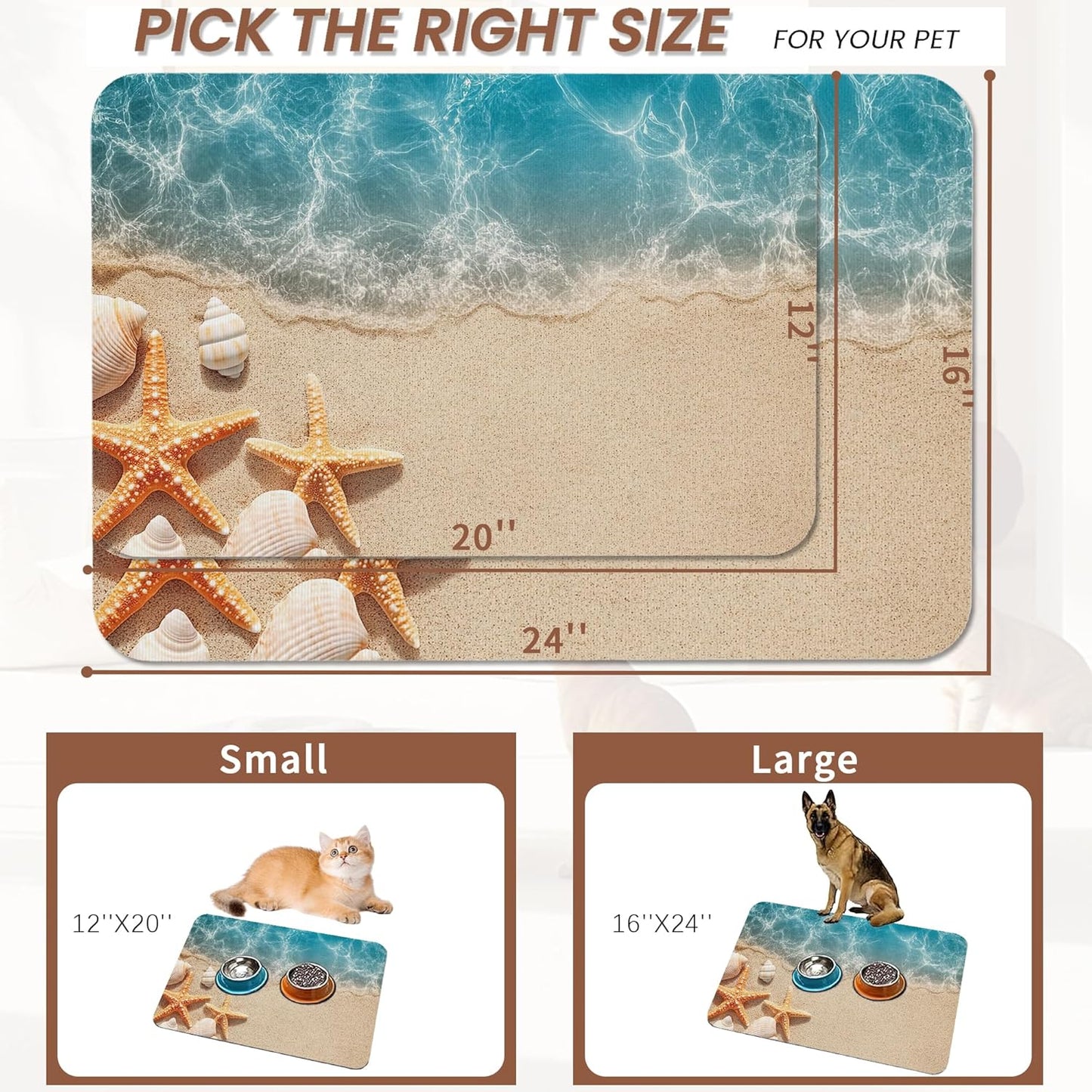 Beach Starfish Dog Food Mat for Floors,Cute Seashell Absorbent Pet Food and Water Bowl Mats,Non-Slip Pet Feeding Mat,Pet Supplies 16" x 24"