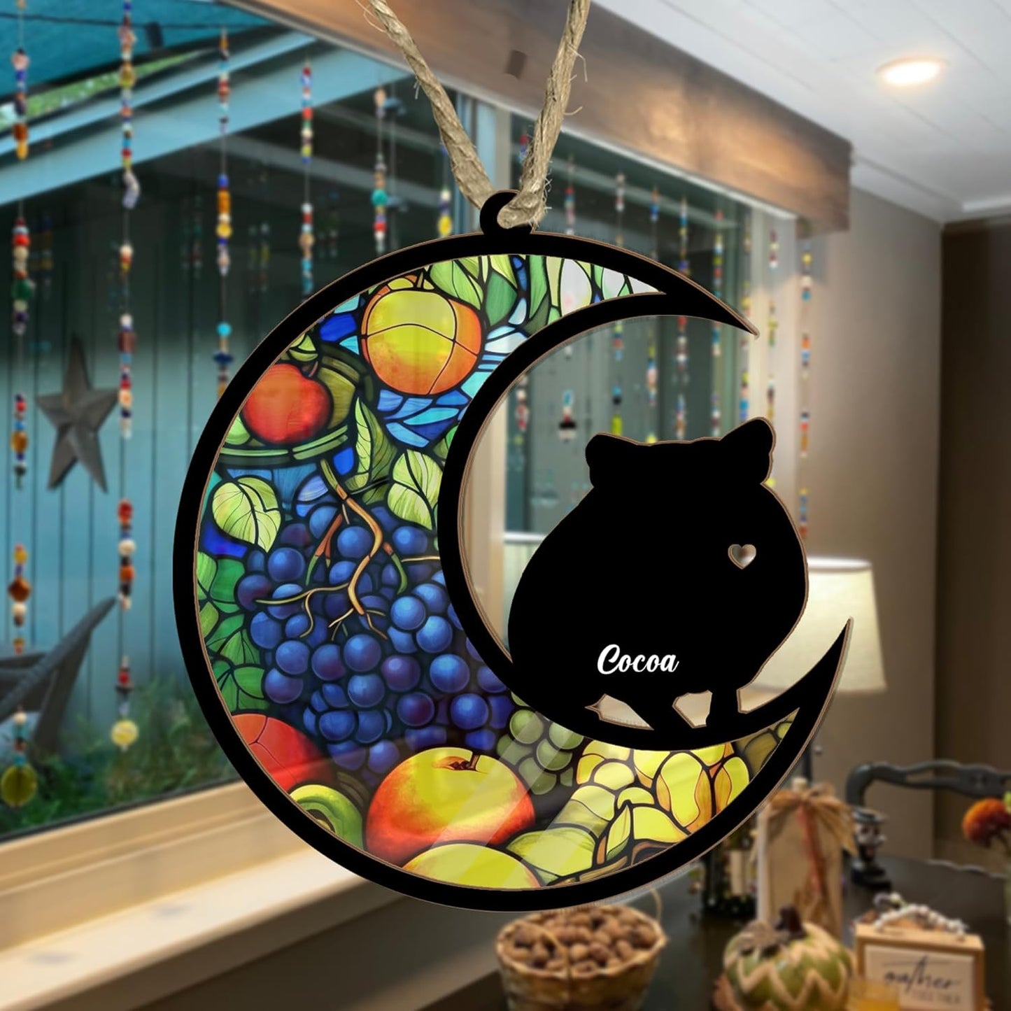 AlpadilAndCo Personalized Hamster Moon Sign Suncatcher - Memorial Window Hanging, Engraved Hamster Lovers - Wooden, Hanging, Modern Style, 1 Count