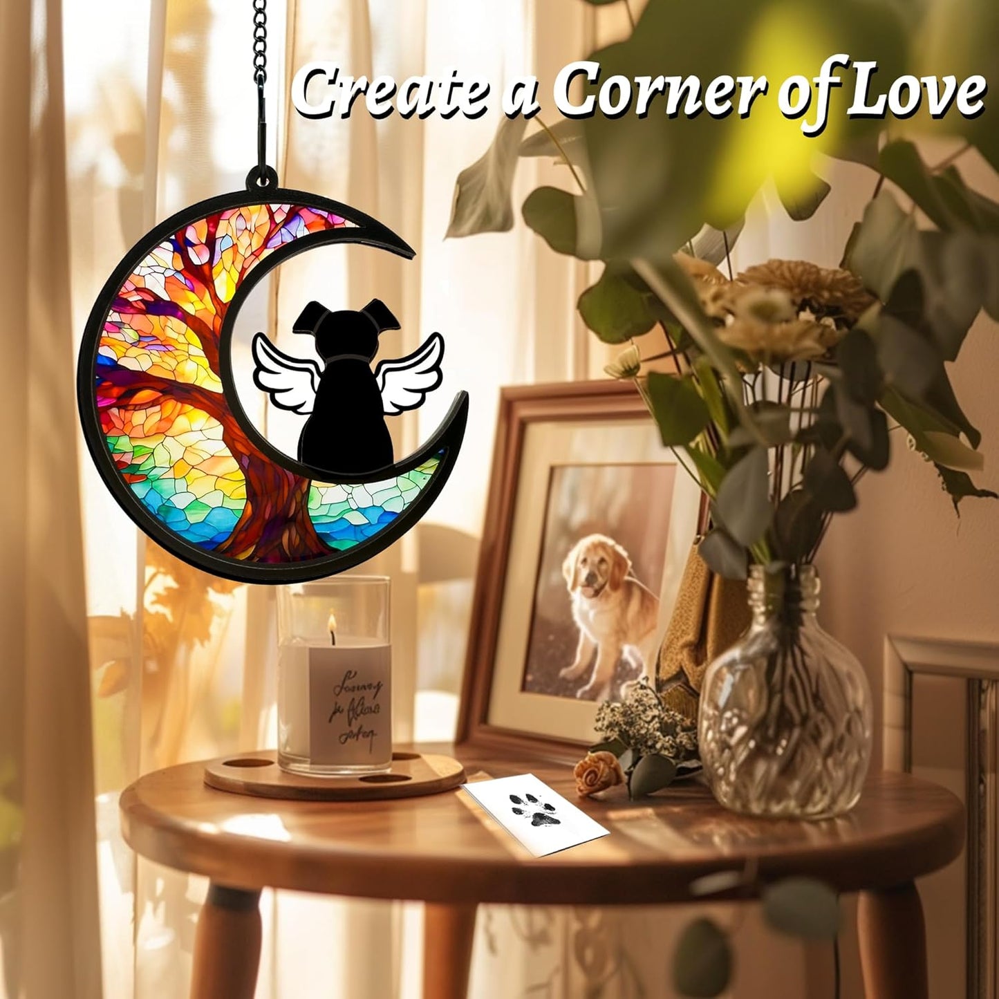 Dog Memorial Gift for Loss of Dog – DIY Angel Memorial Suncatcher & Paw Print Kit for Dogs with Sympathy Card | Pet Memorial Keepsake(Tree Life)